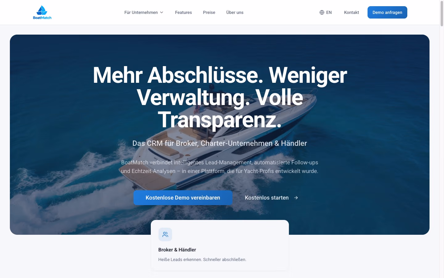 Startseite von boat-match.de mit der Überschrift „Mehr Abschlüsse. Weniger Verwaltung. Volle Transparenz.“
