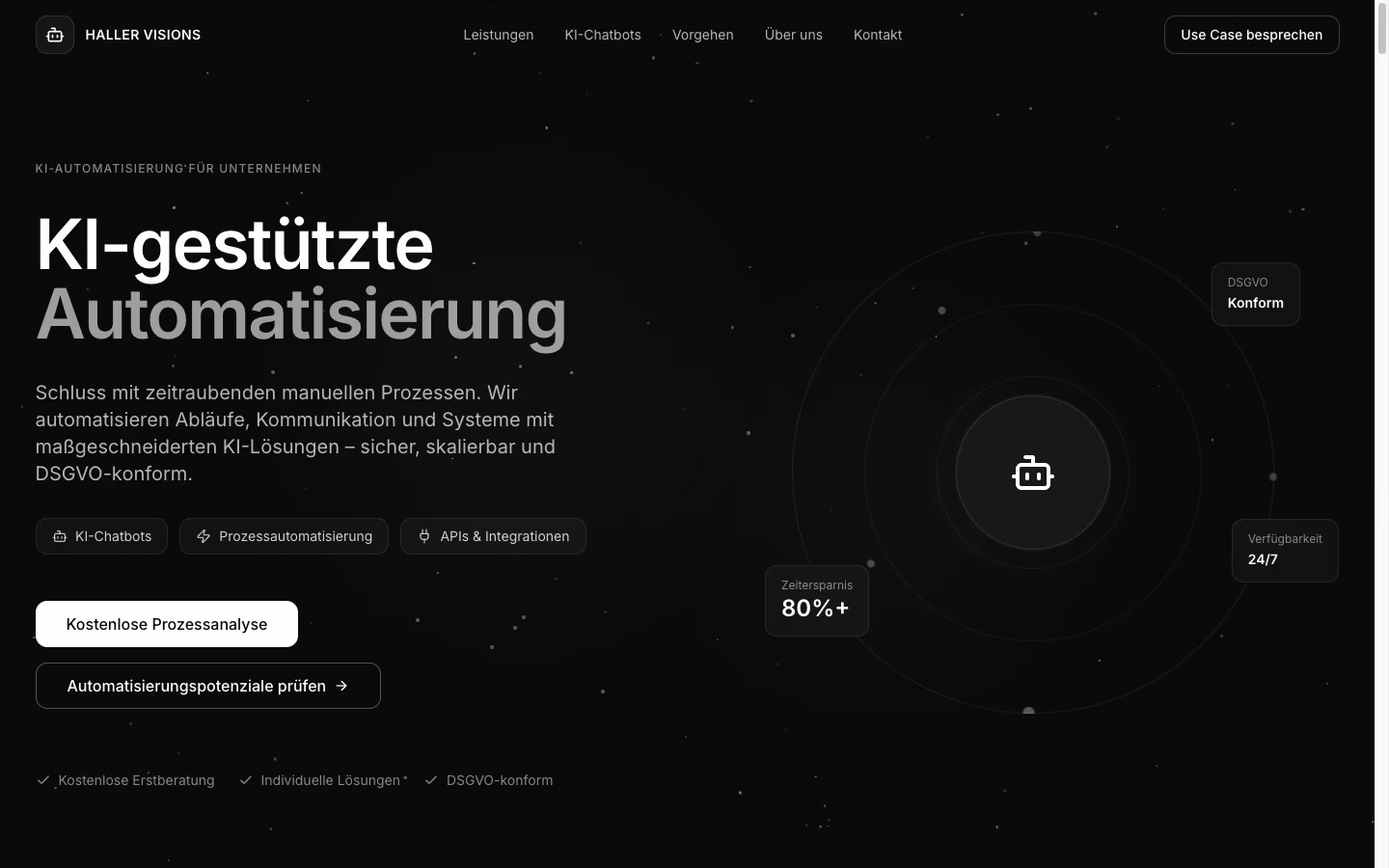 Startseite von hallervisions.de mit der Überschrift „KI-gestützte Automatisierung“ und einem Bot-Symbol in konzentrischen Kreisen
