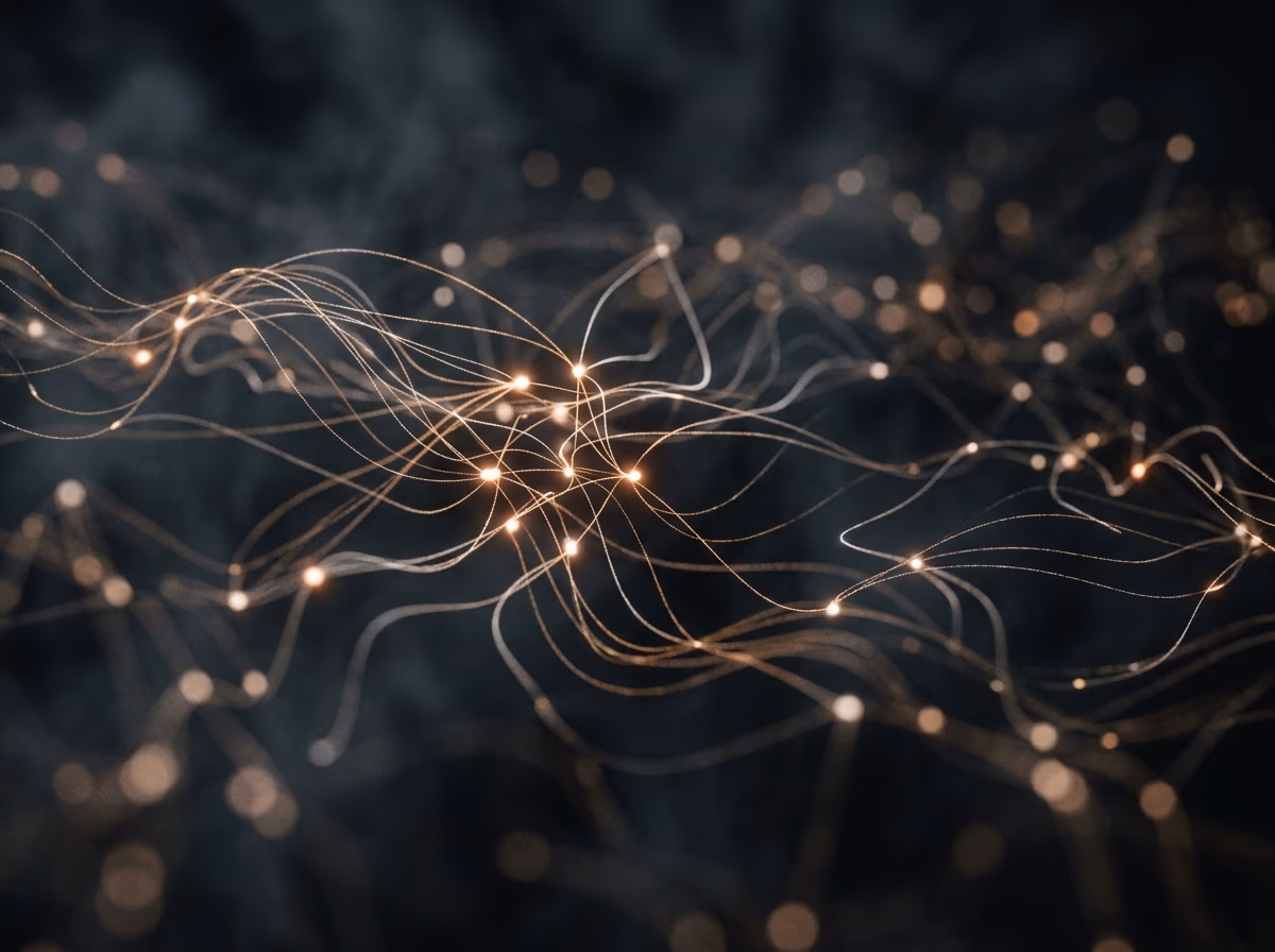 Leuchtende Lichtfäden, die sich im Dunkeln zu Knotenpunkten verbinden, als Sinnbild für vernetzte KI-Assistenten