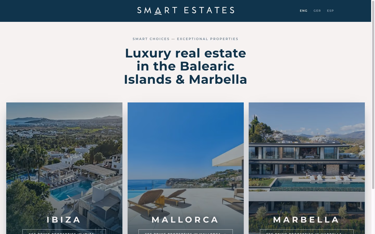 Startseite von Smart Estates mit den drei Standorten Ibiza, Mallorca und Marbella und Sprachumschalter EN/DE/ES