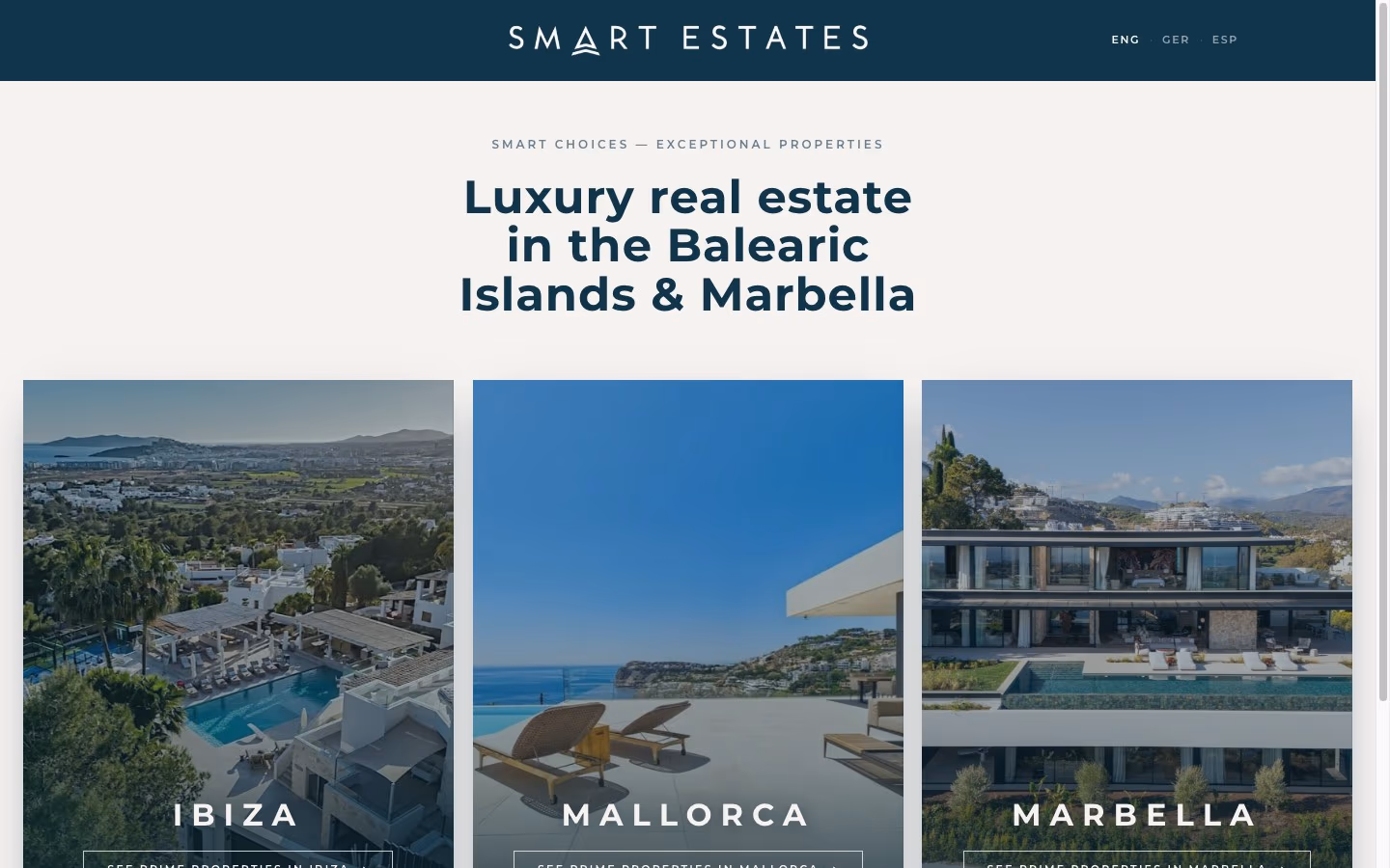 Startseite von Smart Estates mit den drei Standorten Ibiza, Mallorca und Marbella und Sprachumschalter EN/DE/ES